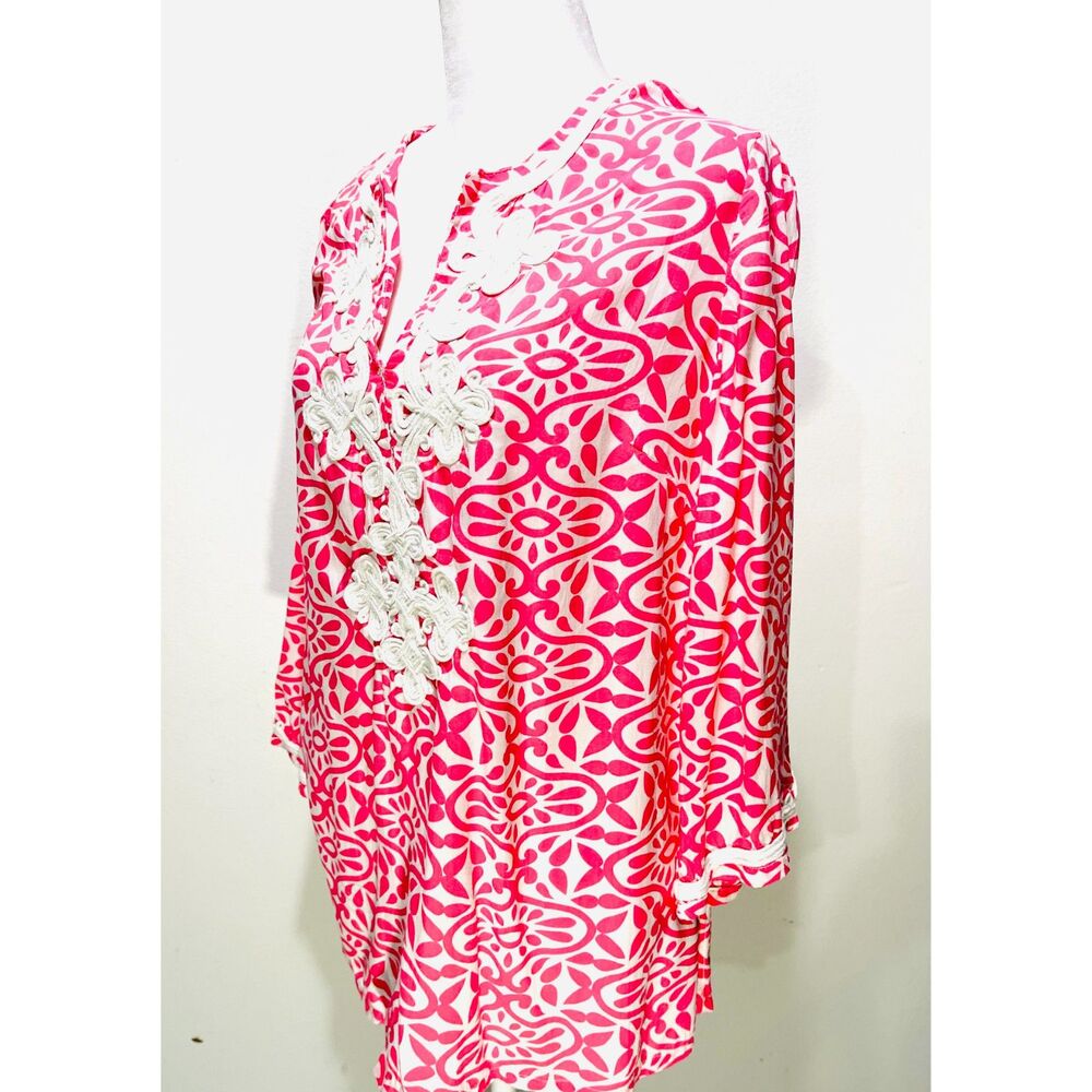 Charter Club blouse summer beach resort light wear colorful embroidered womens M